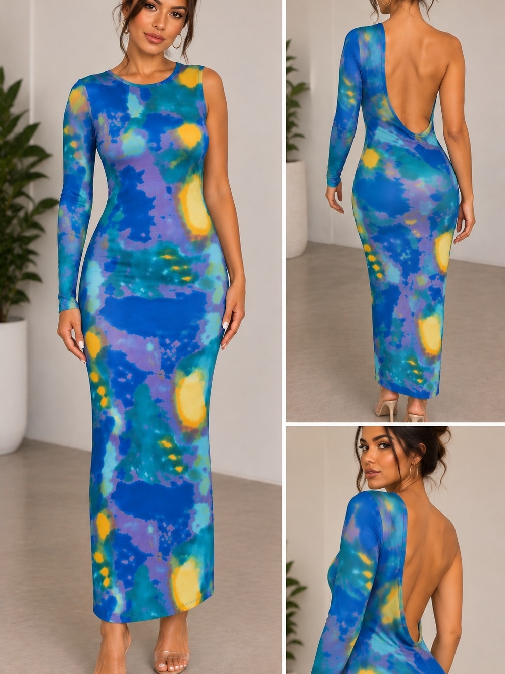 Asymmetric One-Shoulder Blue Tie-Dye Maxi Dress
